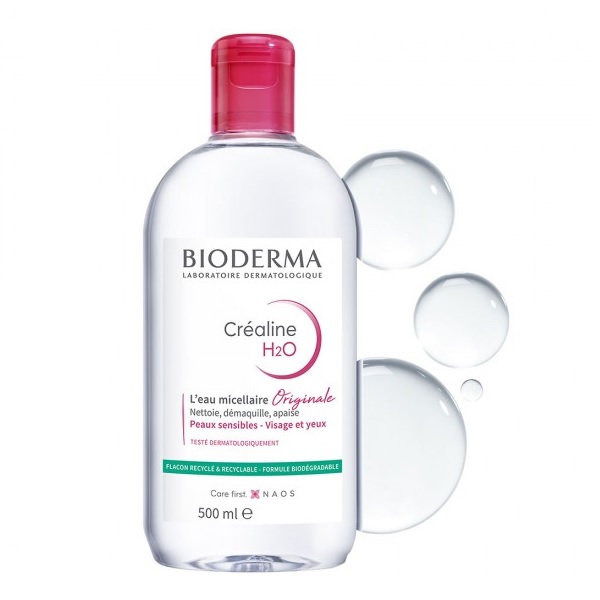 میسلار crealine h2o بایودرما 500 میل محلول پاک کننده آرایش صورت و دور چشم صورتی بایودرما